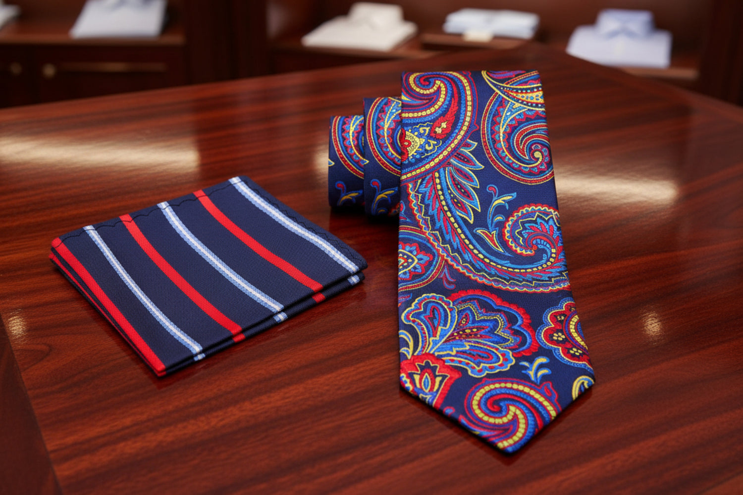 Alt View: Blue, Red and Yellow Paisley Tie and Blue, Red Stripe Pocket Square