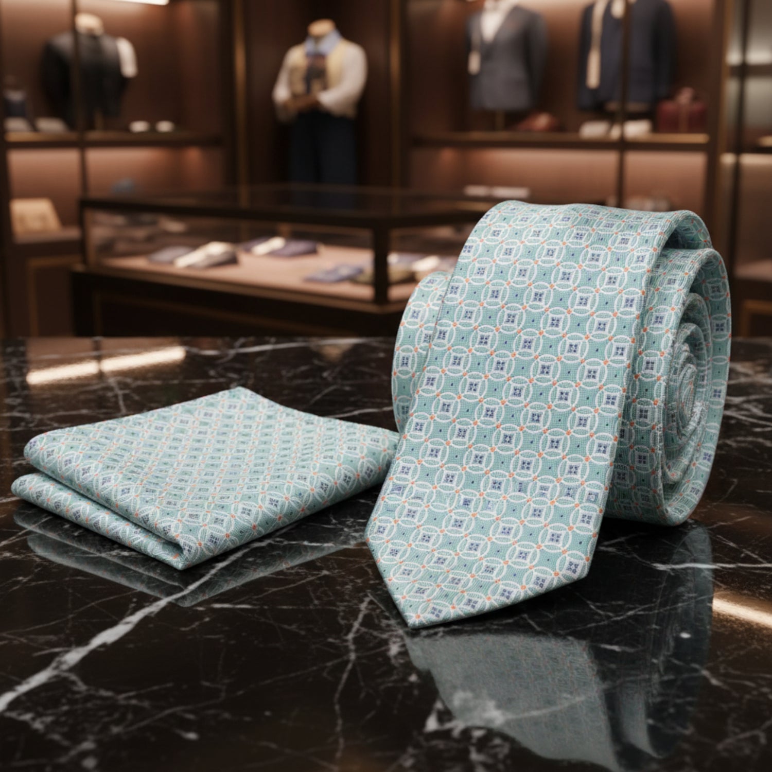 View 3: Pale Mint, Orange Geometric Tie and Pocket Square