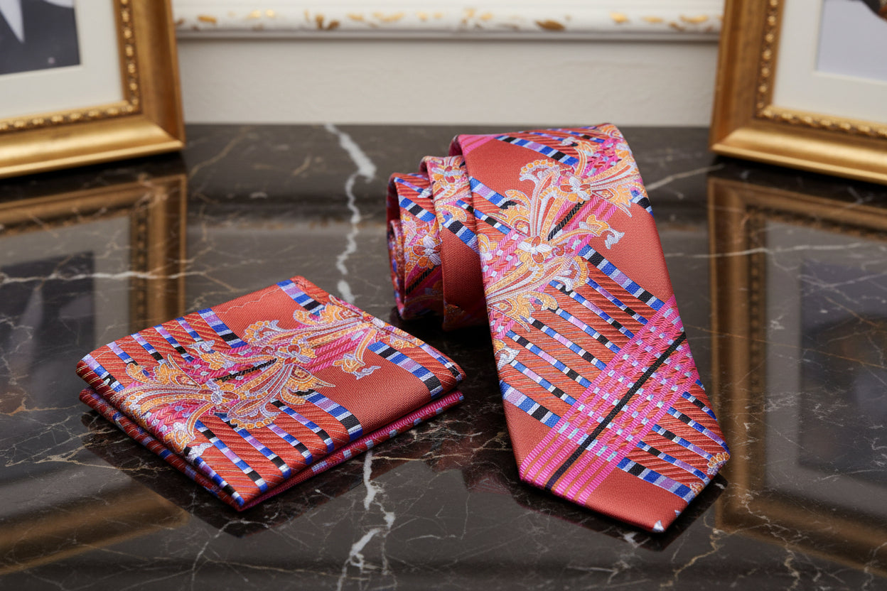Alt View: A Peach, Orange, Blue Intricate Abstract Floral Pattern Necktie, Matching Pocket Square