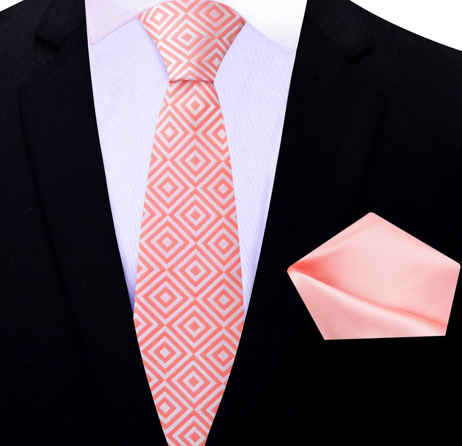 Thin Tie: Peachy Pink Geometric Silk Necktie and Accenting Lemonade Pocket Square