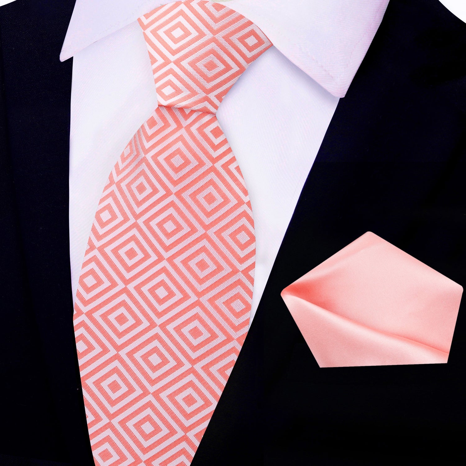 View 2: Peachy Pink Geometric Silk Necktie and Accenting Lemonade Pocket Square