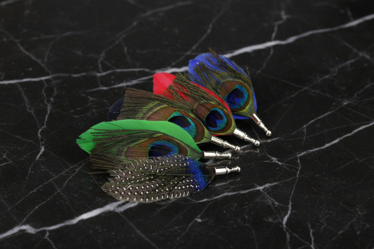 Multiple Peacock Feather Lapel Pins With Black Background