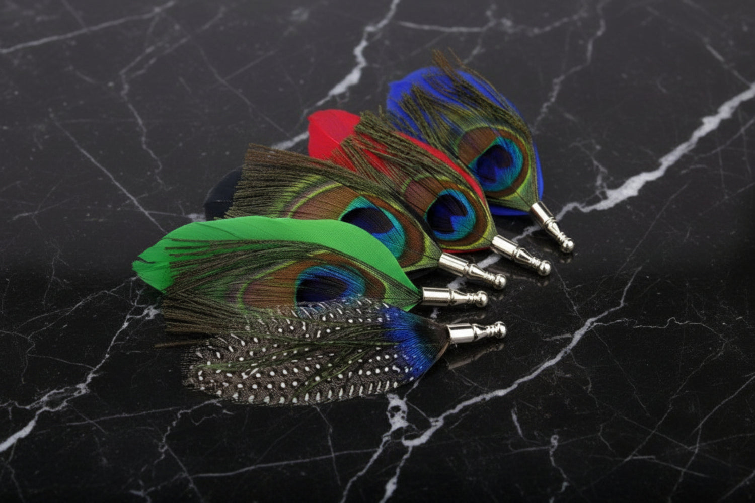 Multiple Peacock Feather Lapel Pins With White Background
