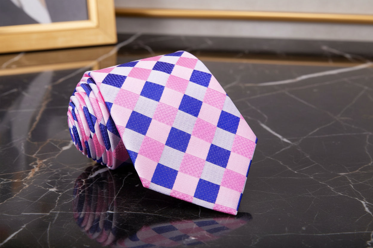 A Pink, Blue Check Pattern Necktie