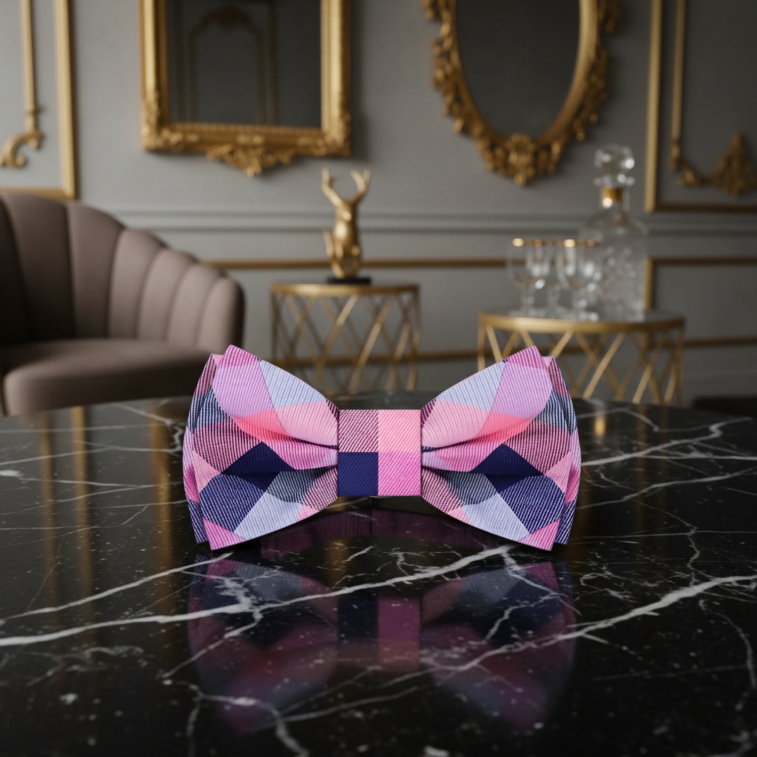 Pink, Blue Check Bow Tie