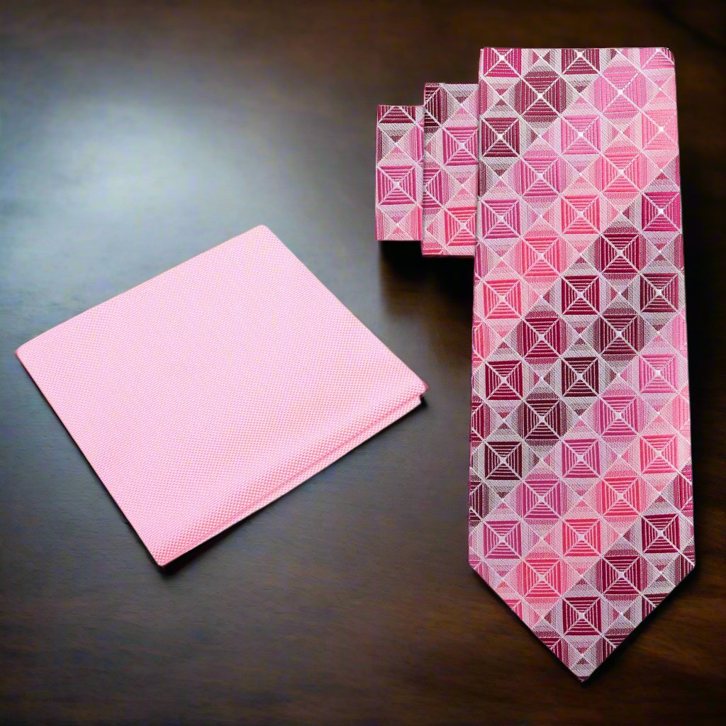 Alt View: Shades of Pink and Red Geometric Blocks Necktie and Pink Pocket Square