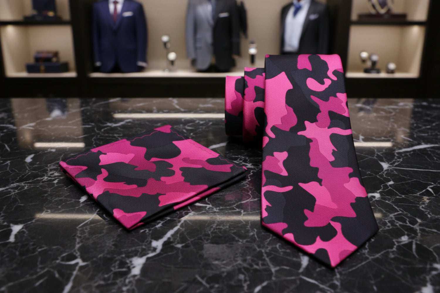 Alt View: A Pink, Dark Pink, Black Color Camouflage Fleck Pattern Necktie, Matching Pocket Square