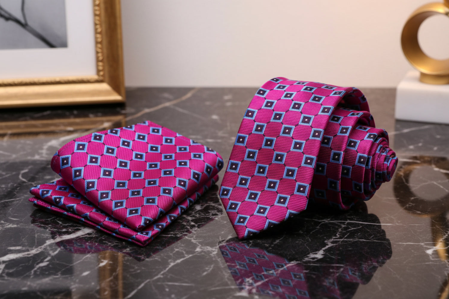 Alt View: Pink and Blue Check Tie and Pocket Square