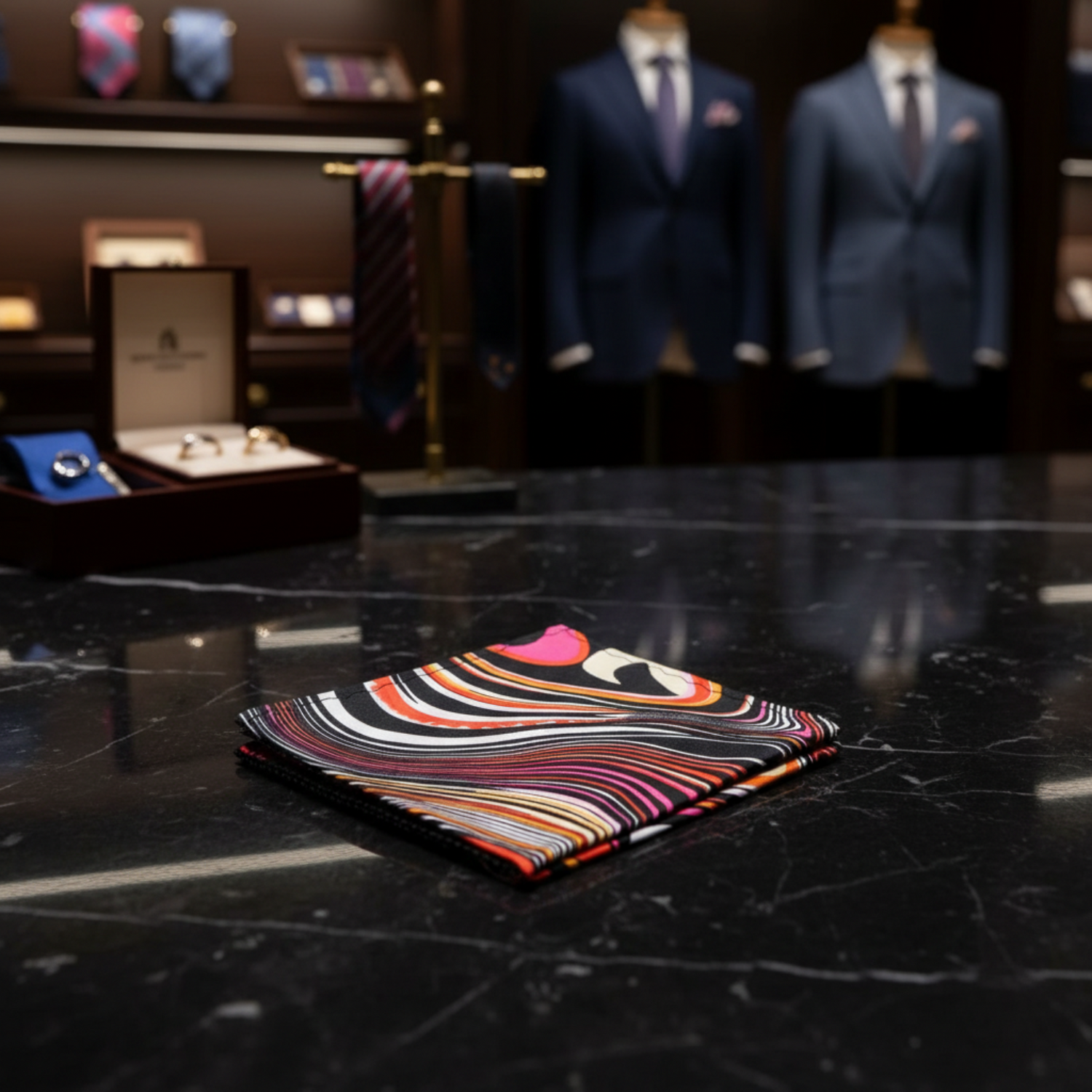 A Red, Orange, Black Color Abstract Swirl Pattern Pocket Square|