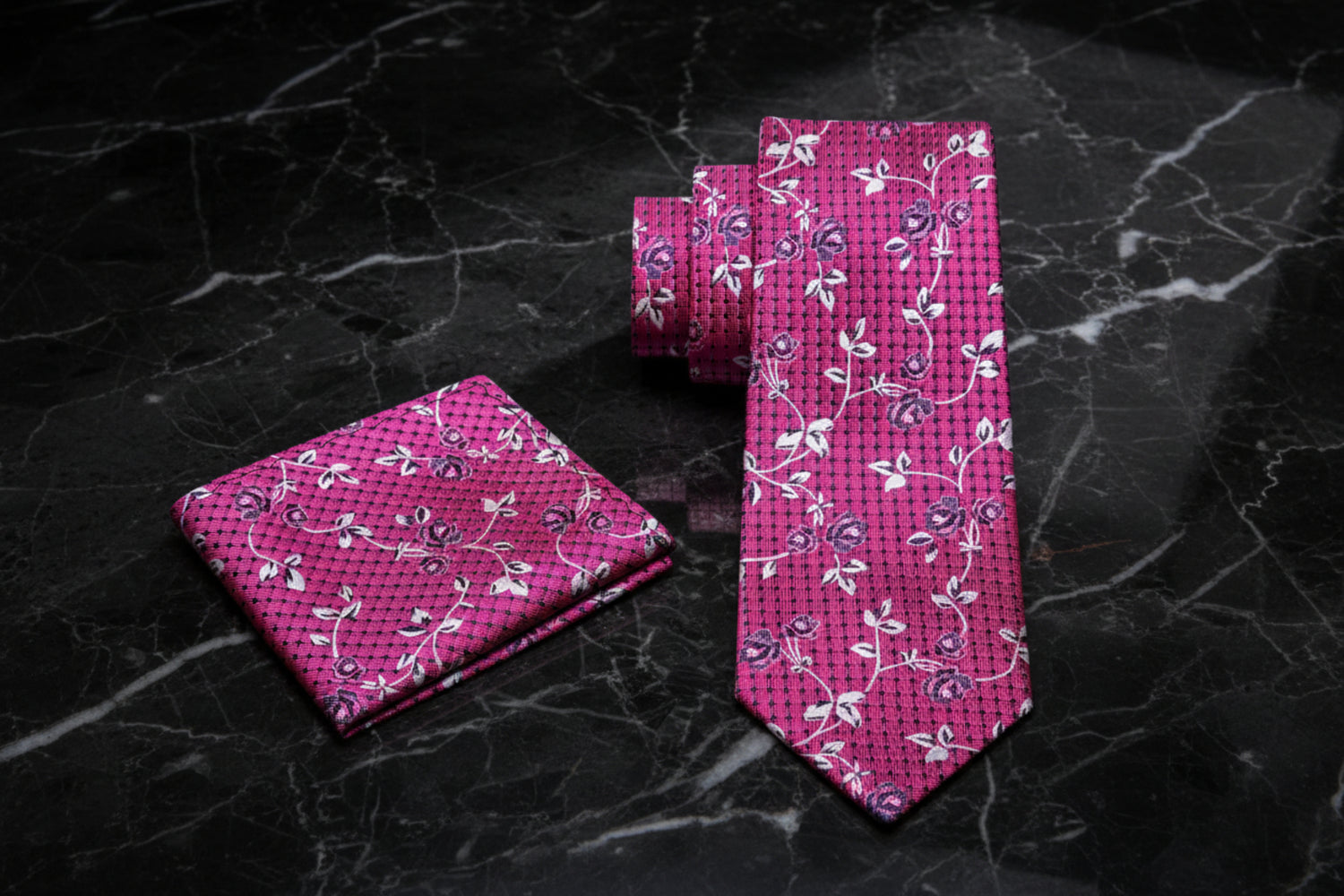 Alt View: A Pink Vine With Small Flower Pattern Necktie, Matching Pocket Square