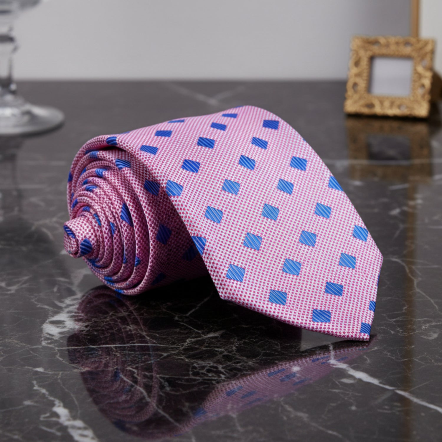 A Pink, Blue Geometric Diamond Pattern Necktie 