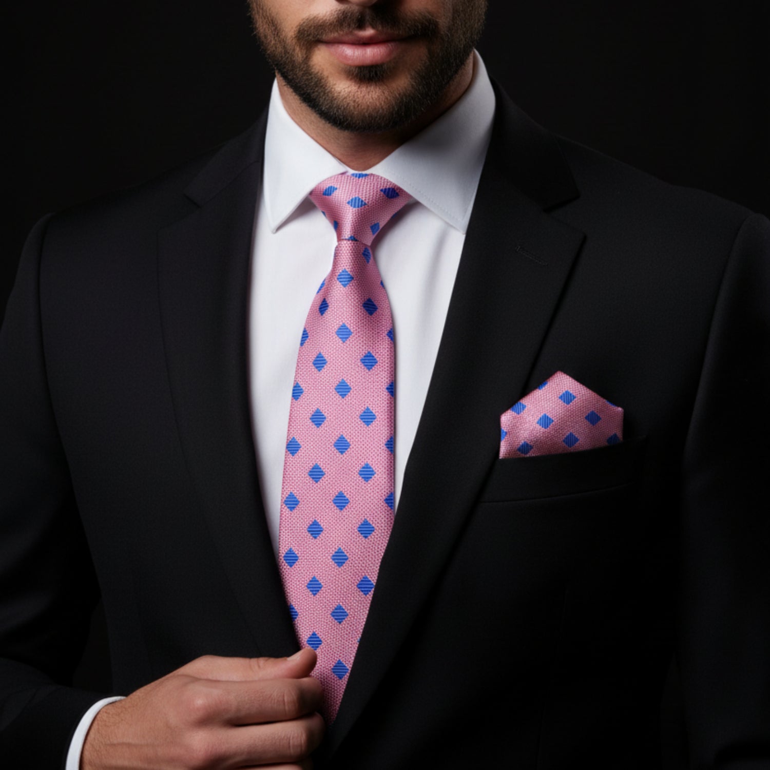 Alt View: A Pink, Blue Geometric Diamond Pattern Necktie, Matching Pocket Square