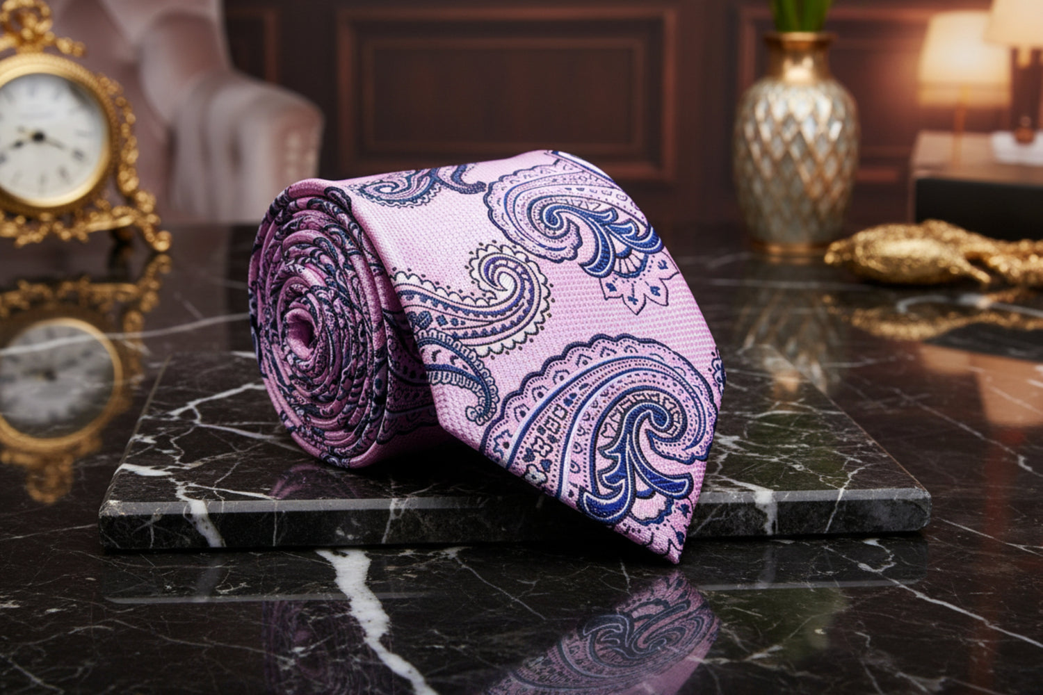 A Pink, Blue Paisley Pattern Necktie 