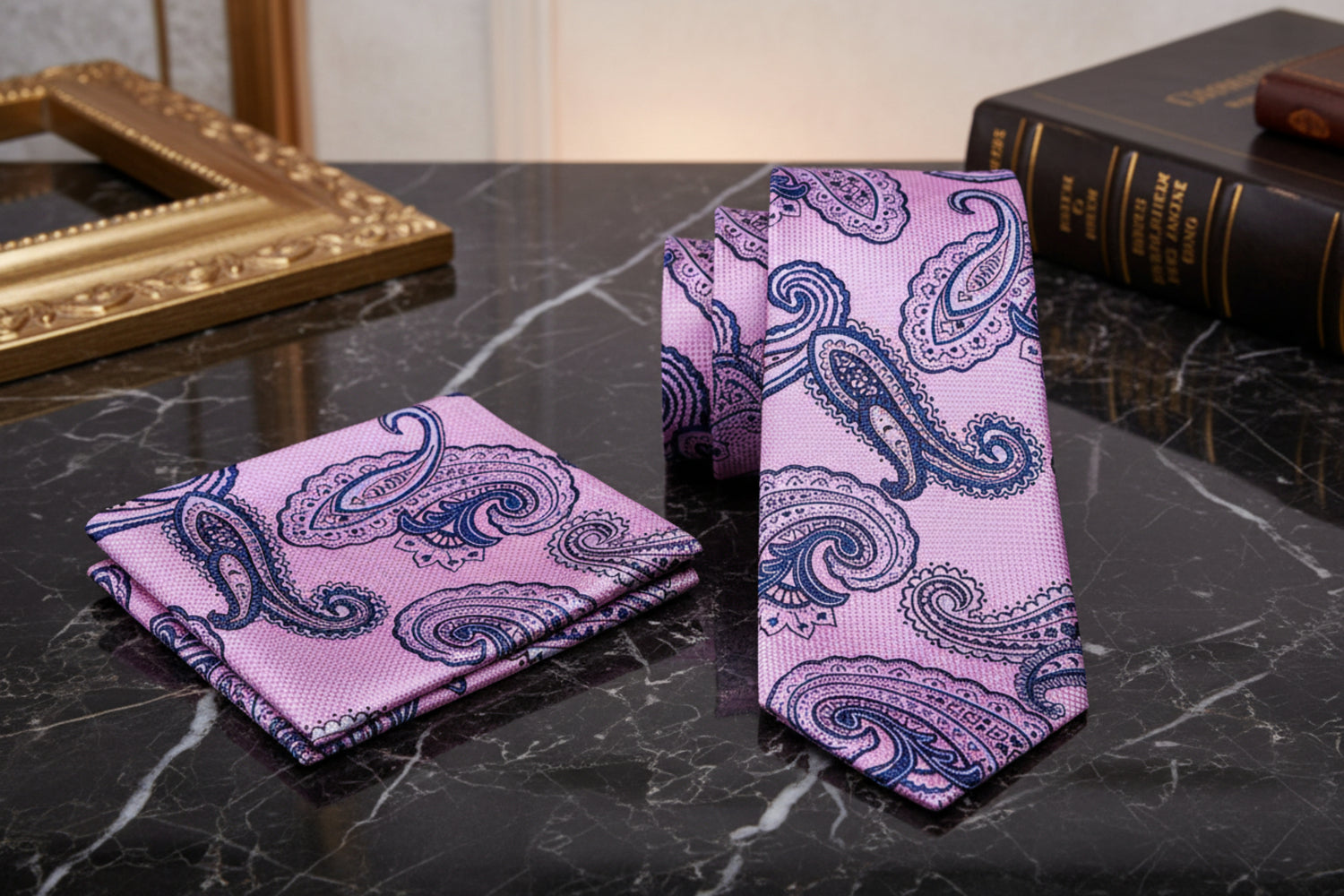 Alt View: A Pink, Blue Paisley Pattern Necktie, Matching Pocket Square
