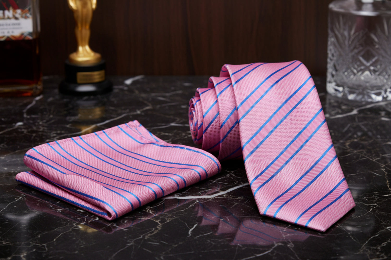 Alt View: A Pink, Light Blue Stripe Pattern Necktie, Pocket Square 