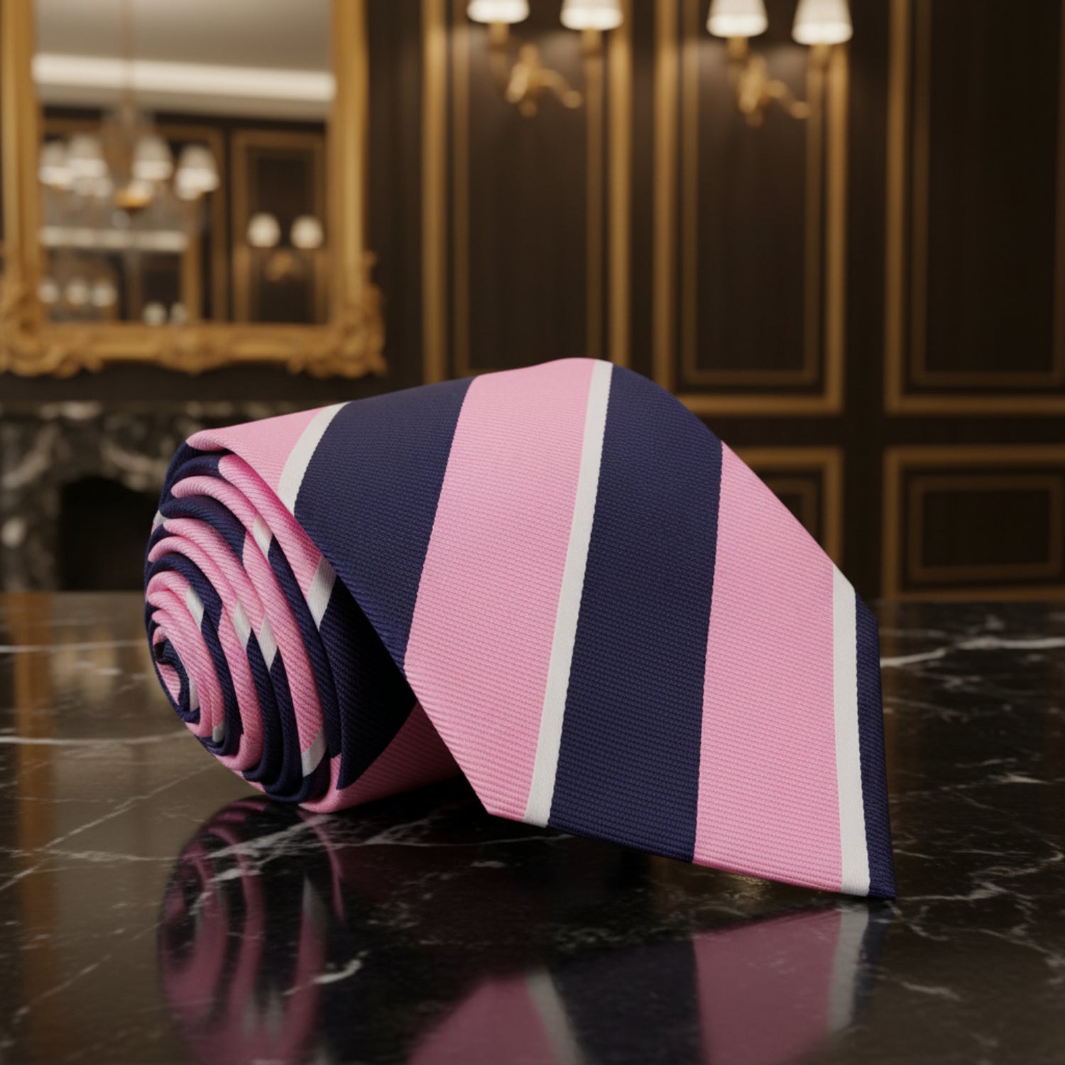 A Dark Blue, Pink, White Stripe Pattern Necktie 