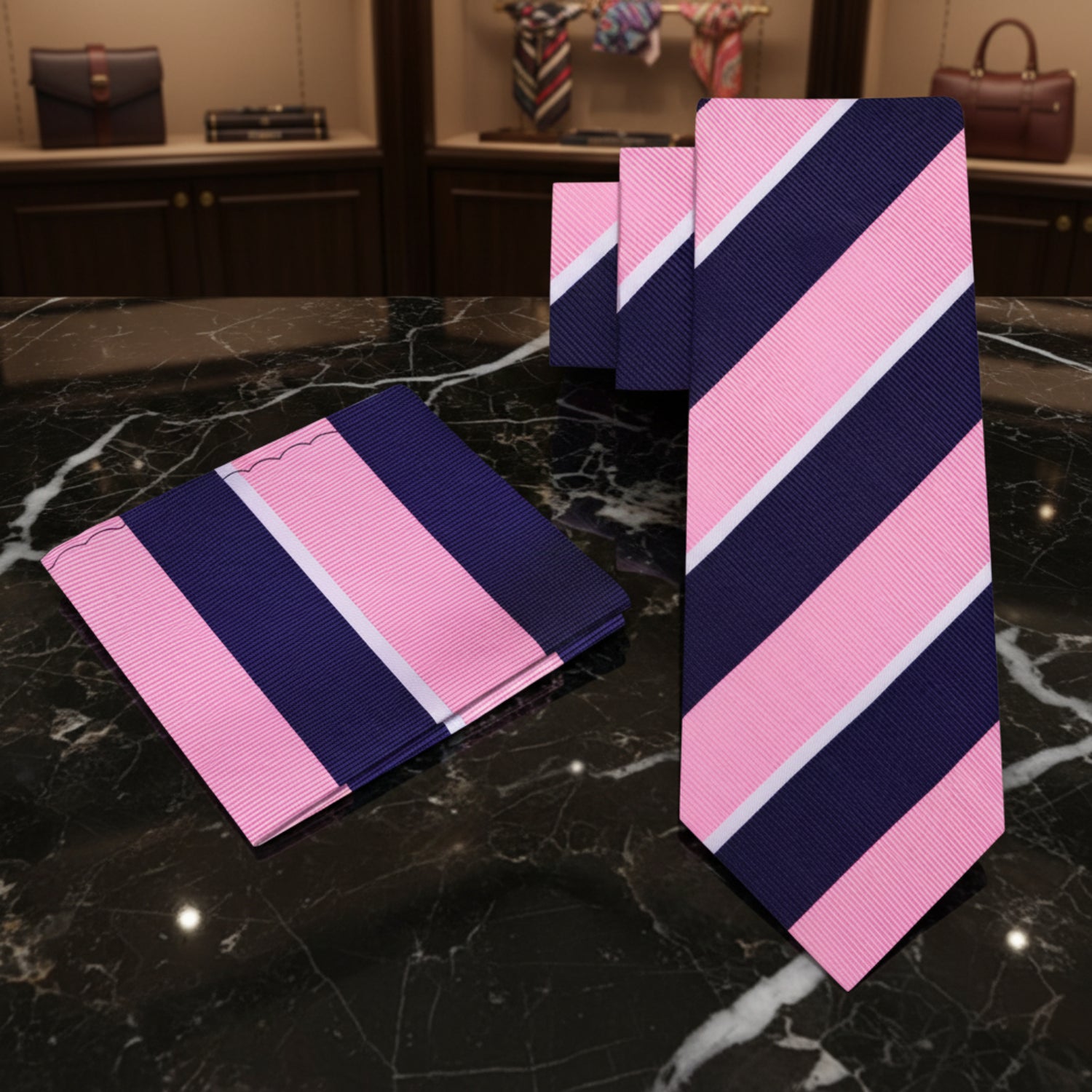 Alt View: A Dark Blue, Pink, White Stripe Pattern Necktie, With Matching Pocket Square
