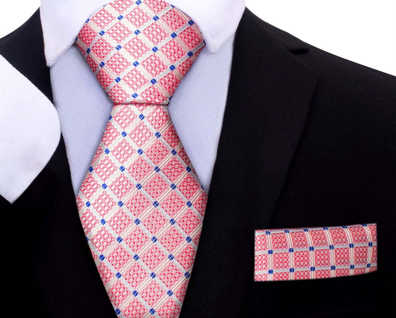 A Salmon, Blue Geometric Diamond With Small Check Pattern Silk Necktie, Matching Pocket Square
