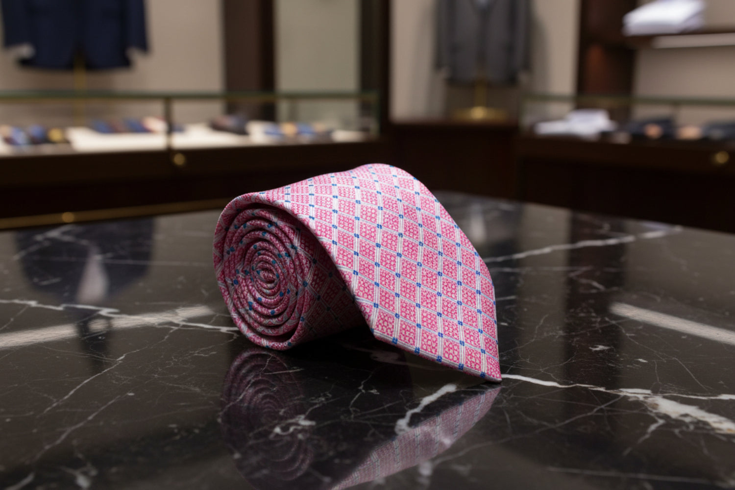 A Salmon, Blue Geometric Diamond With Small Check Pattern Necktie 