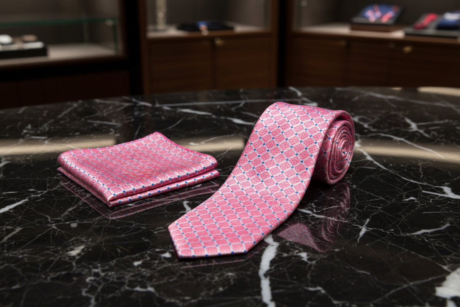 Alt View: A Salmon, Blue Geometric Diamond With Small Check Pattern Necktie, Matching Pocket Square