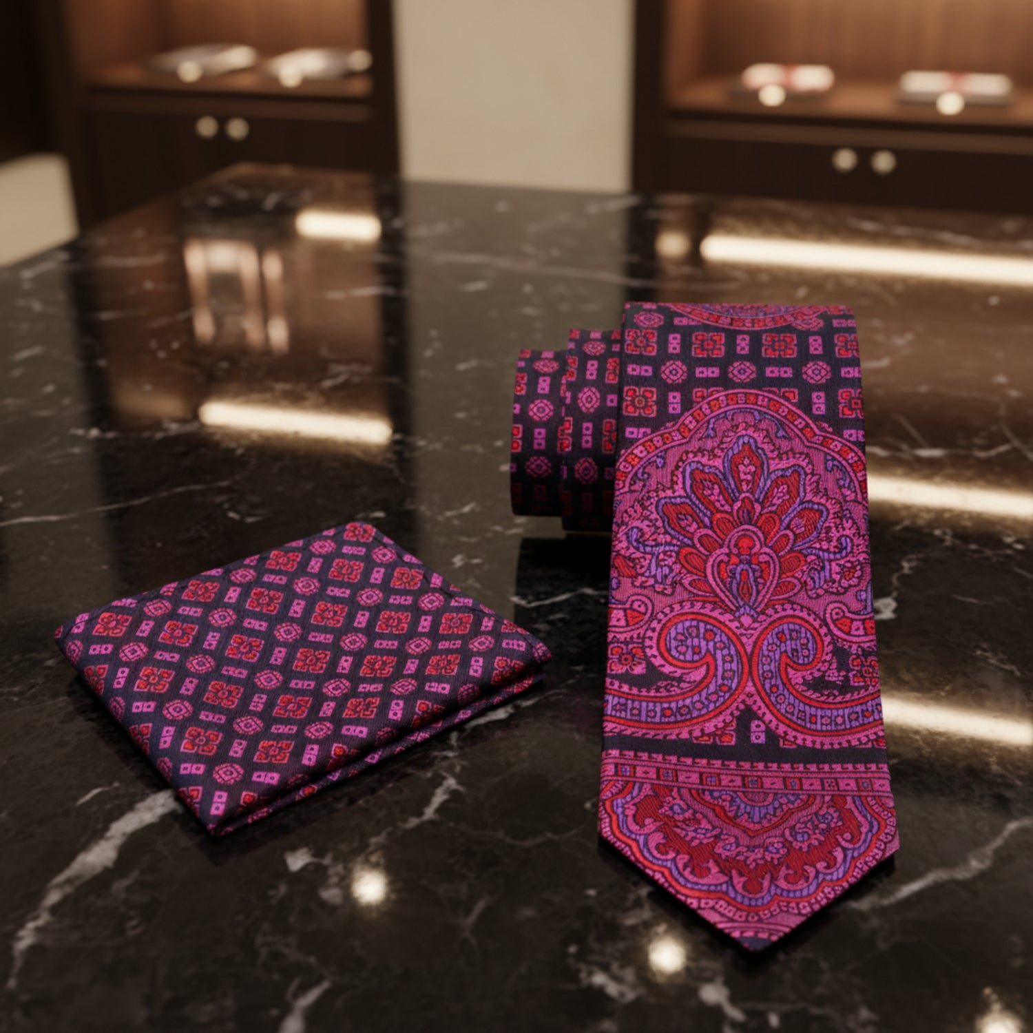 View 2: Pink Abstract Tie and Pocket Square