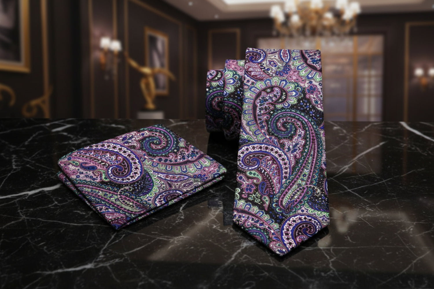 View 2 Purple, Green, Brown Intricate Paisley Tie and Pocket Square
