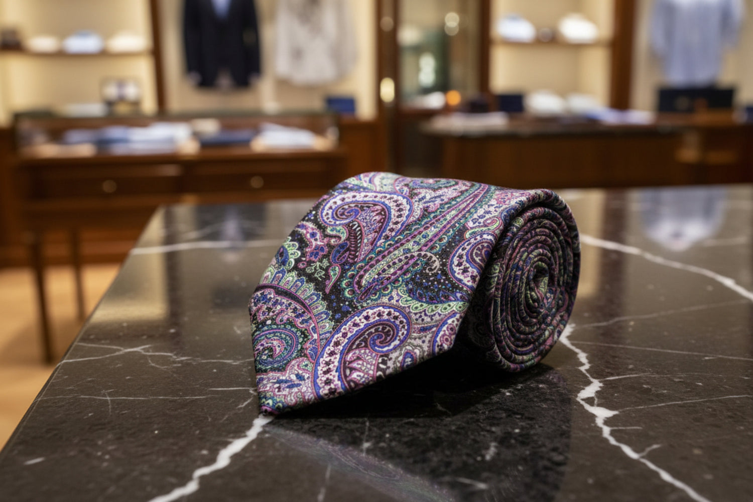 Single Purple, Green, Brown Intricate Paisley Tie  