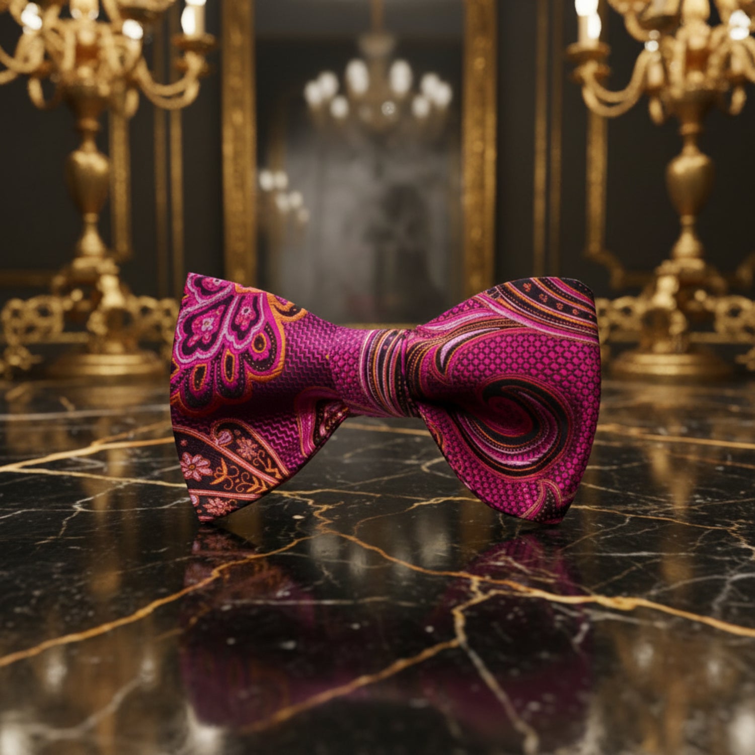 A Pink, Orange, Black Paisley Pattern Silk Self Tie Bow Tie 