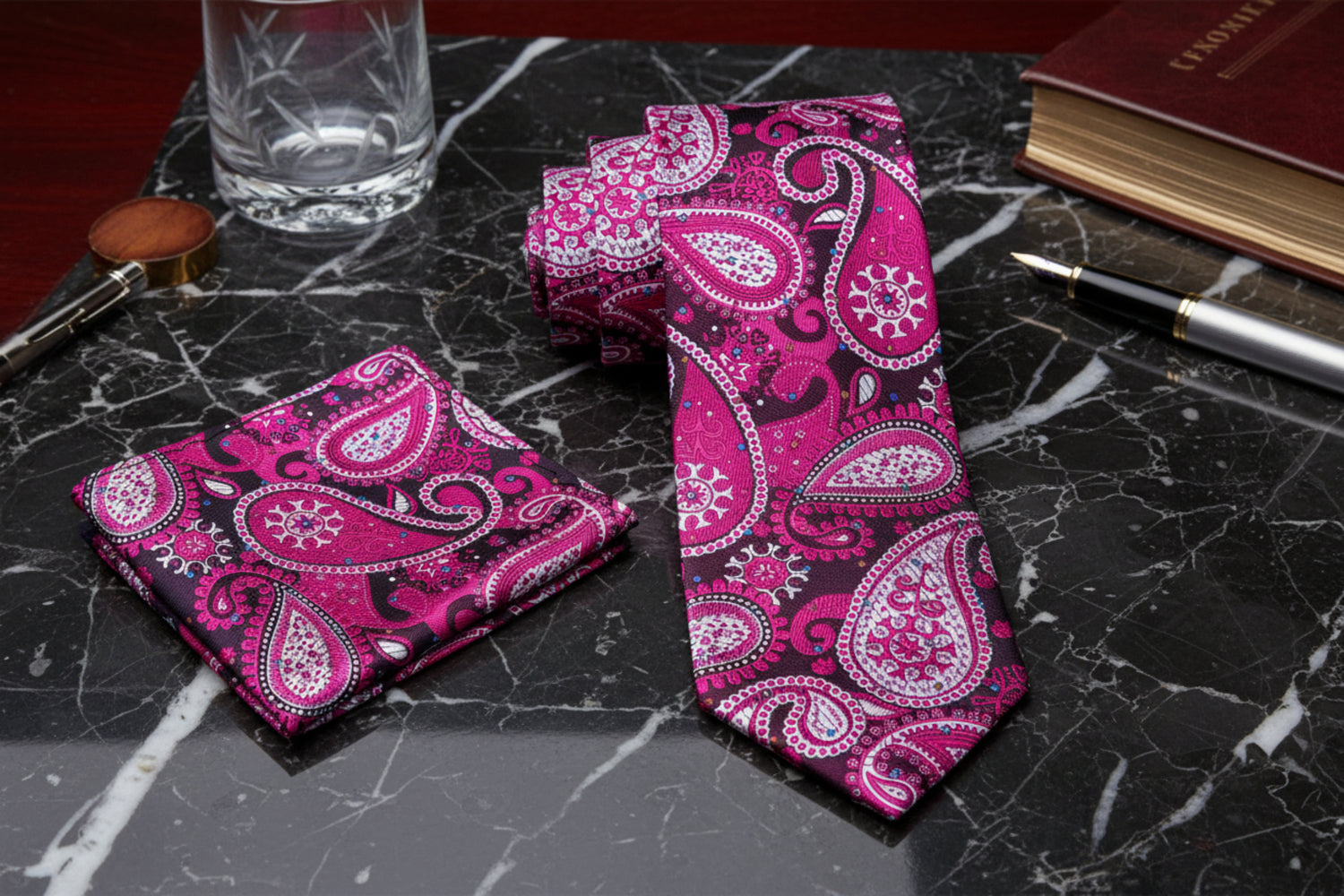 Alt View: Pink Paisley Tie and Pocket Square