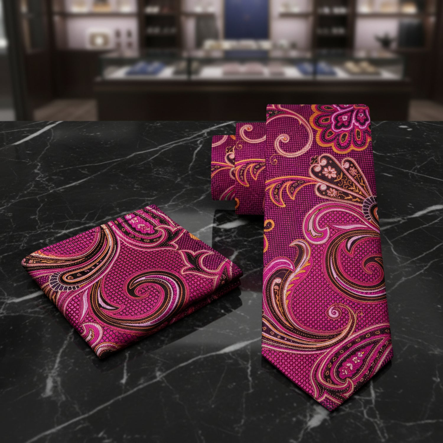 Alt View:  Pink, Orange, Black Color Paisley Pattern Necktie, Matching Pocket Square