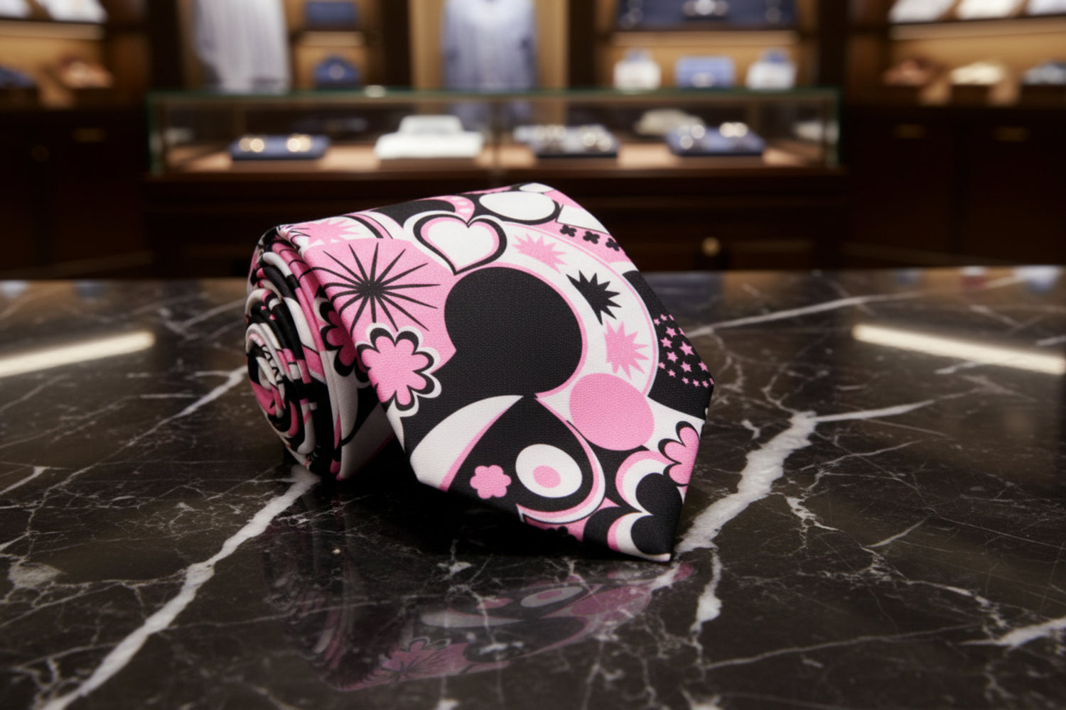 White, Black, Pink Abstract Hearts Tie  
