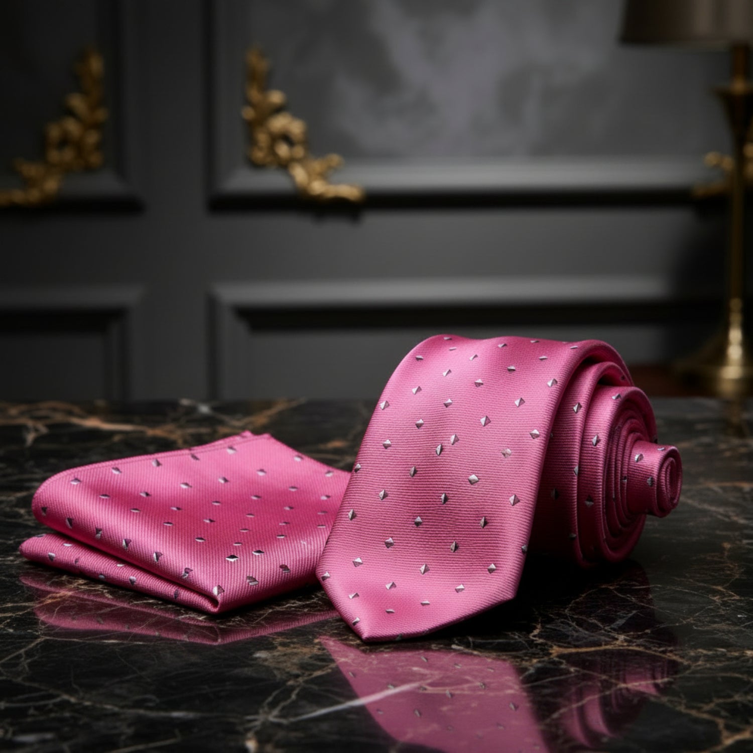 Alt View: Pink, White Geometric Tie and Pocket Square