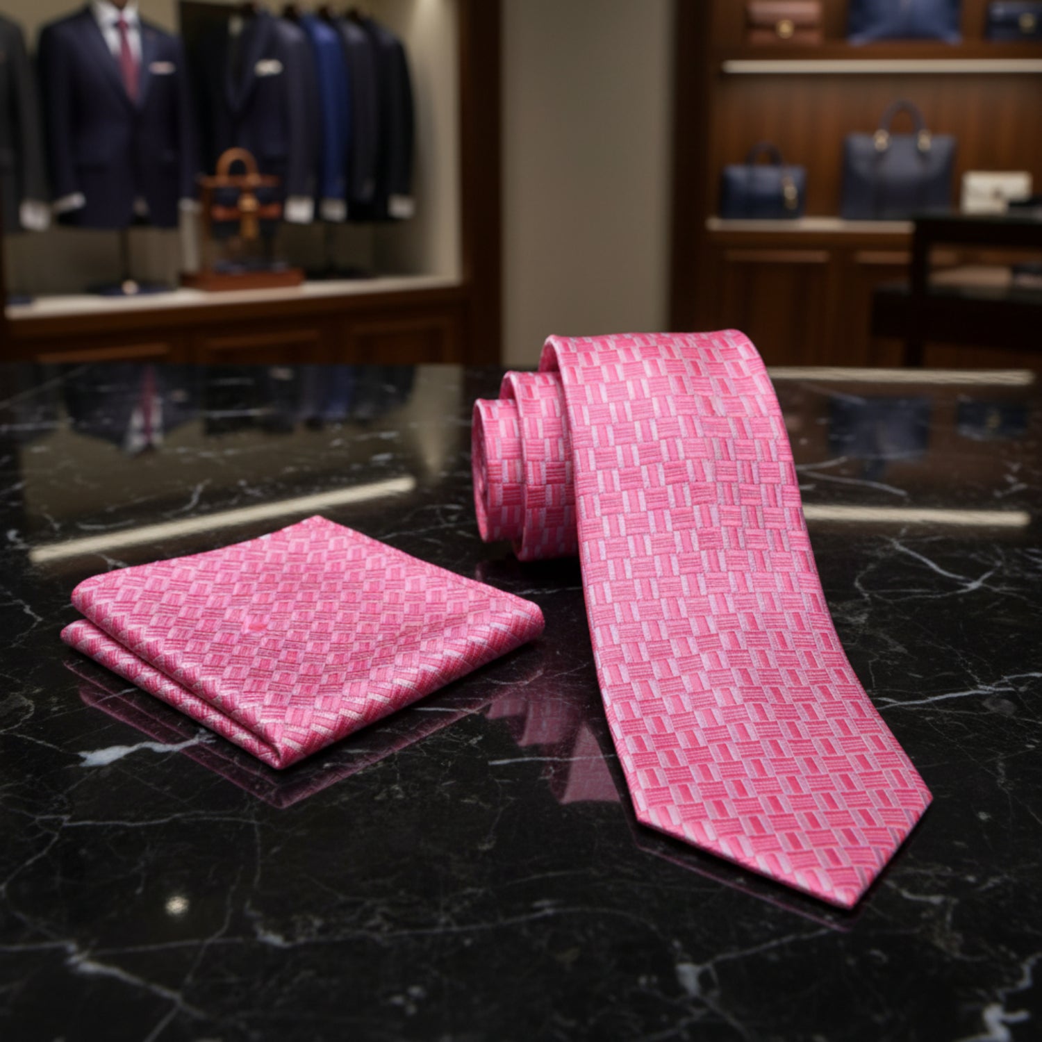 Alt View: A Pink, White Geometric Squares Pattern Necktie, Matching Pocket Square