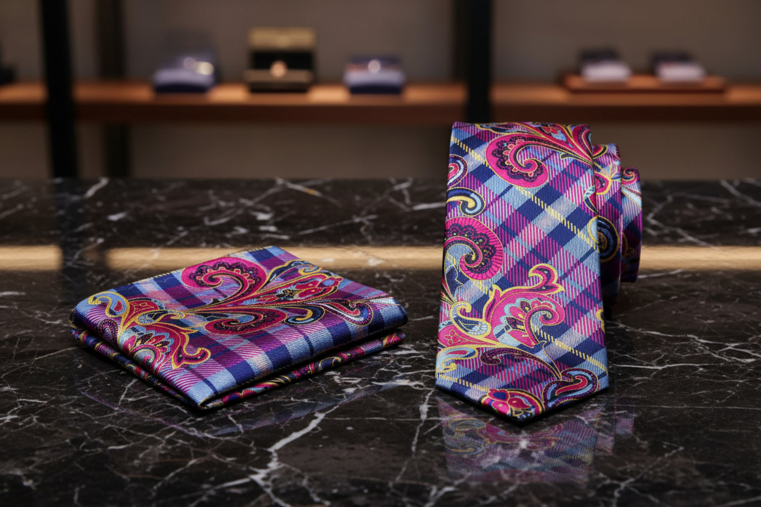 View 2: A Pink, Blue, Yellow Plaid and Paisley Pattern Necktie, With Matching Pocket Square