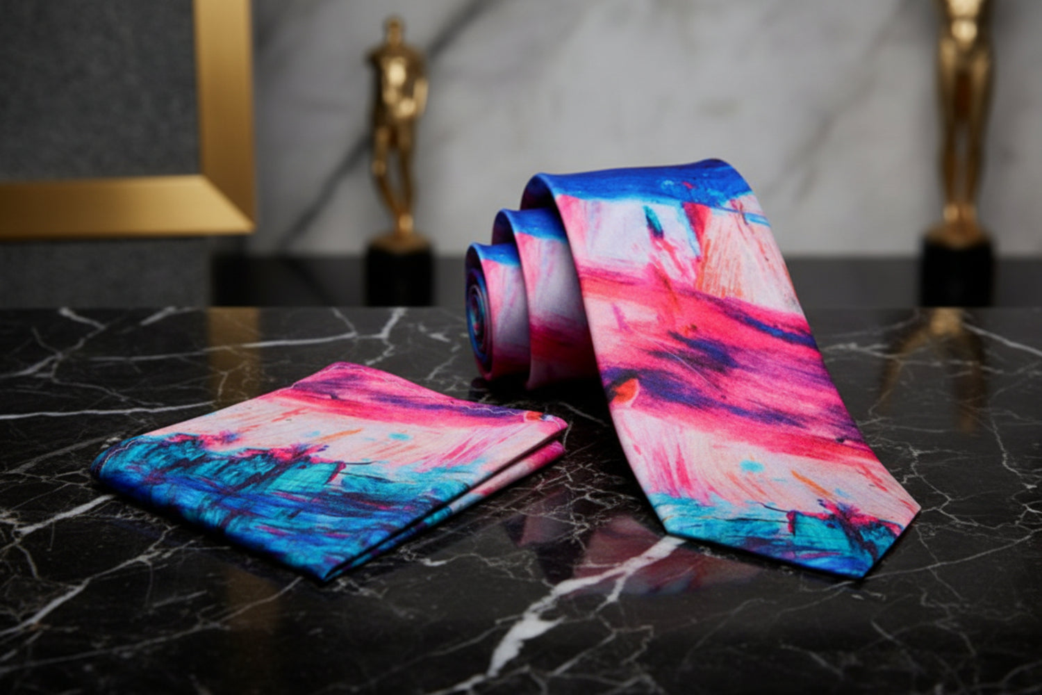 Alt View: Red, Blue, Pink Abstract Watercolor Tie and Pocket Square