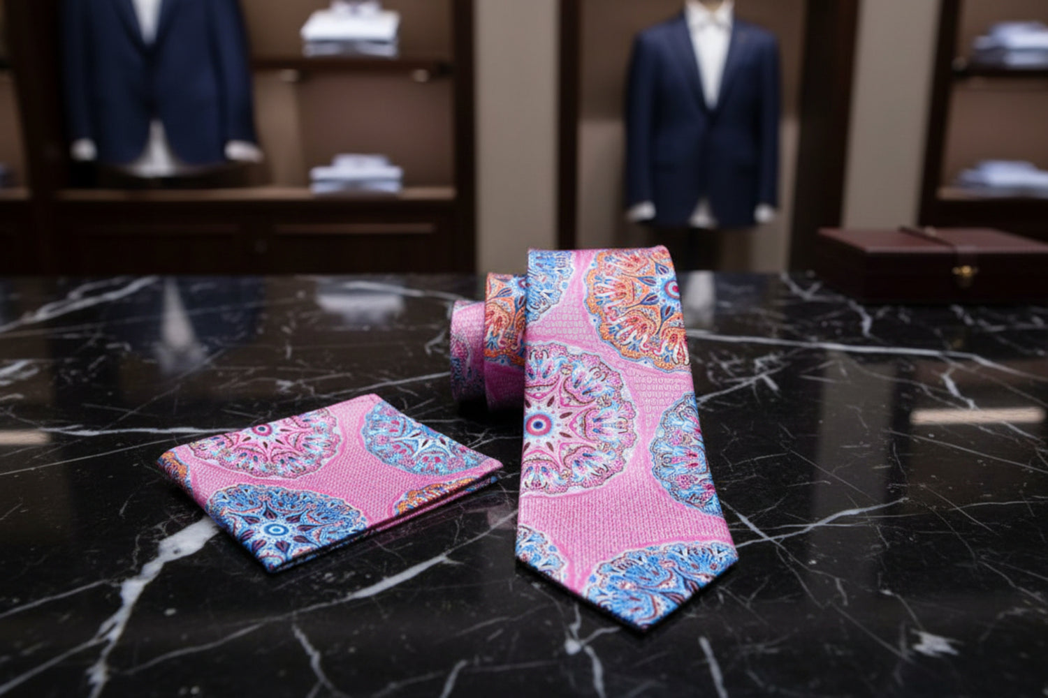 Self Tie Pink, Light Blue, Orange Abstract Tie and Pocket Square