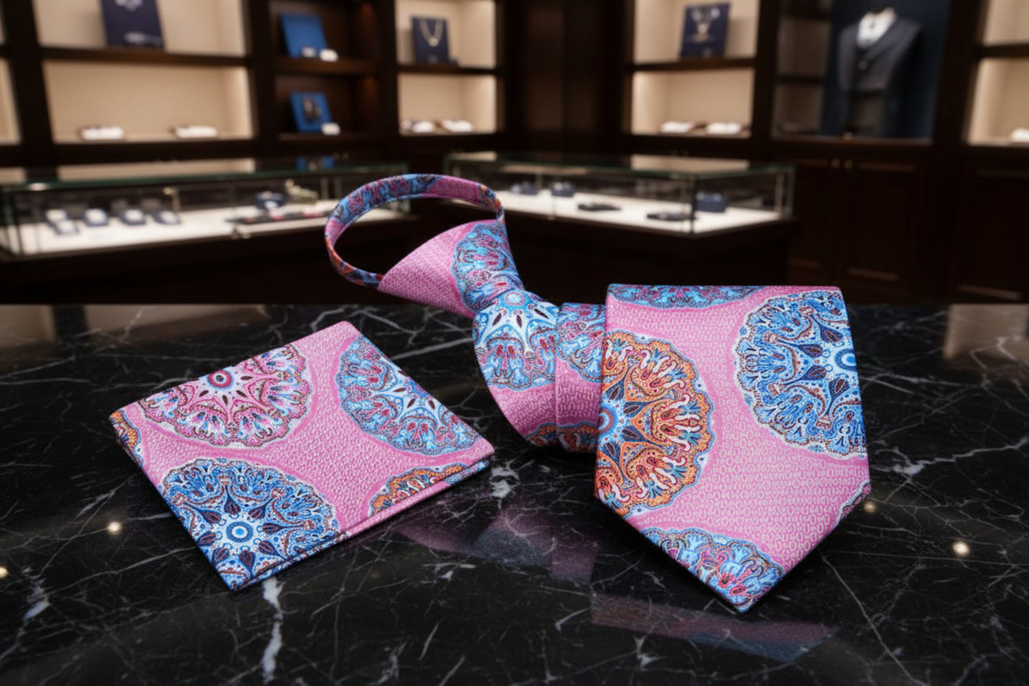 Zipper Pink, Light Blue, Orange Abstract Tie and Pocket Square
