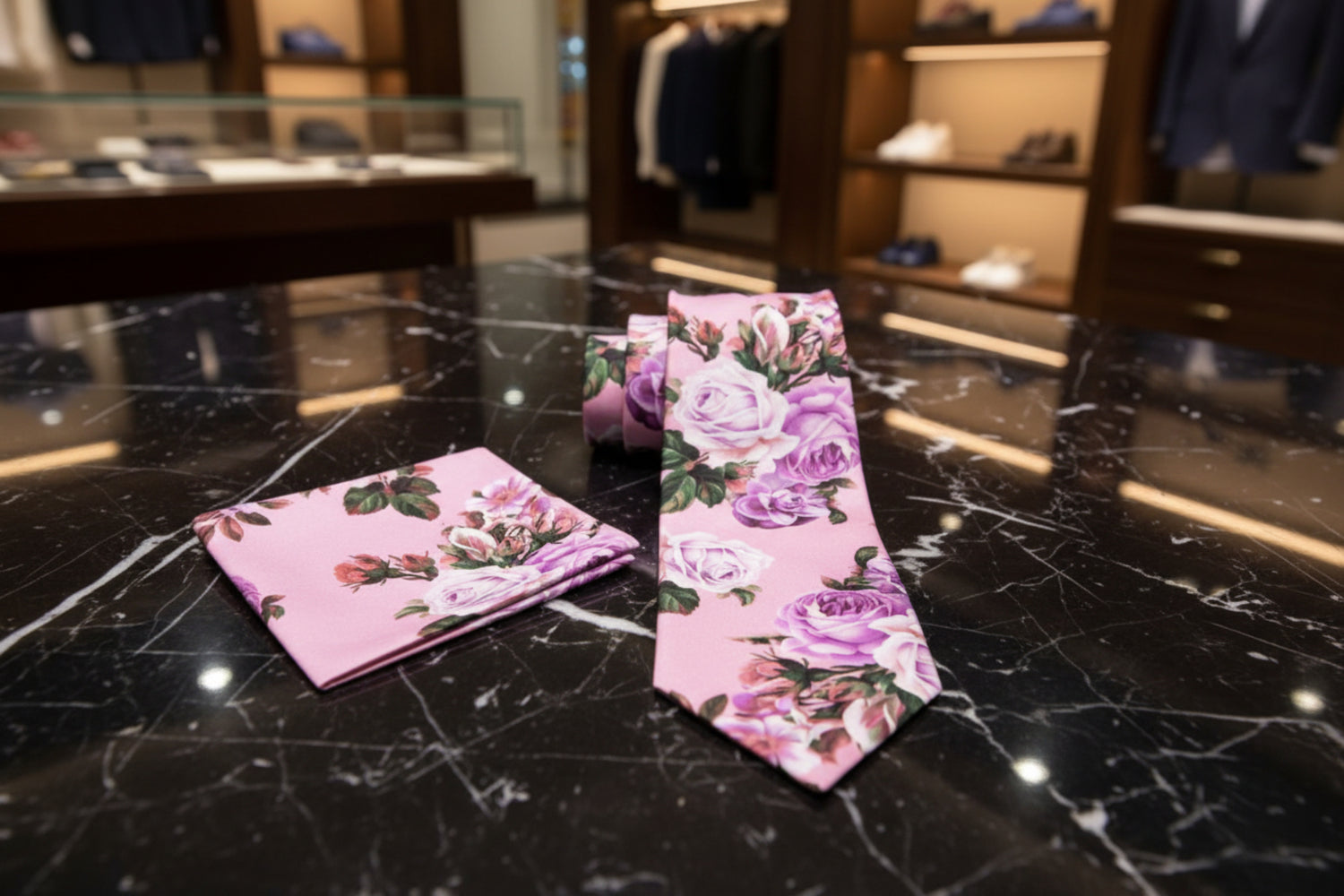 A Pink, Purple, Burgundy, Mauve Bold Roses With Leaves Pattern Necktie Set, Matching Pocket Square ||Taffy Pink with Soft Purple, Burgundy Mauve Floral