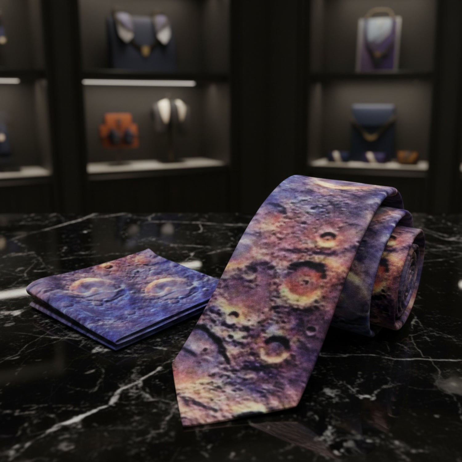 View 2: Blue, Orange Mars Crater Tie and Square