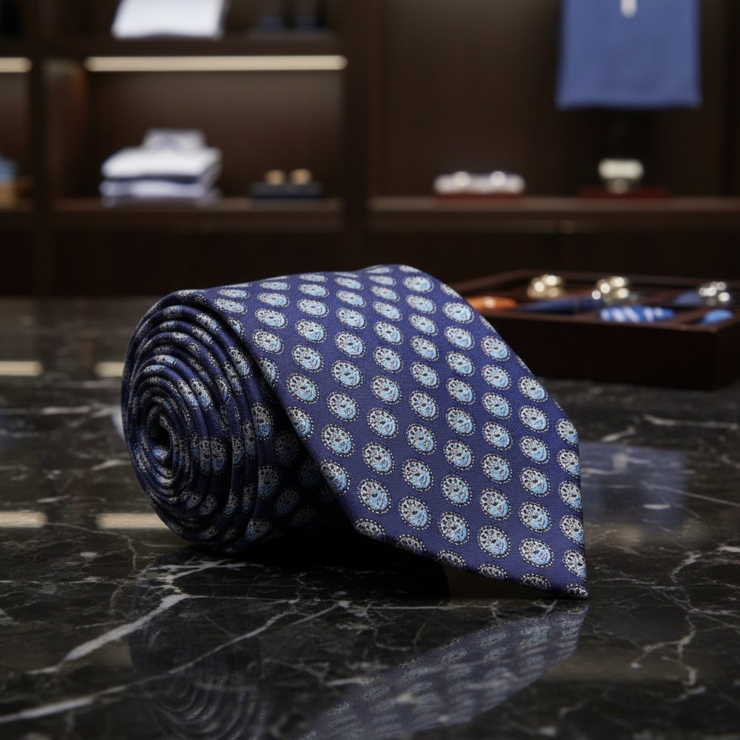 A Purple/Dark Blue, Light Blue Geometric Circles Pattern Necktie 