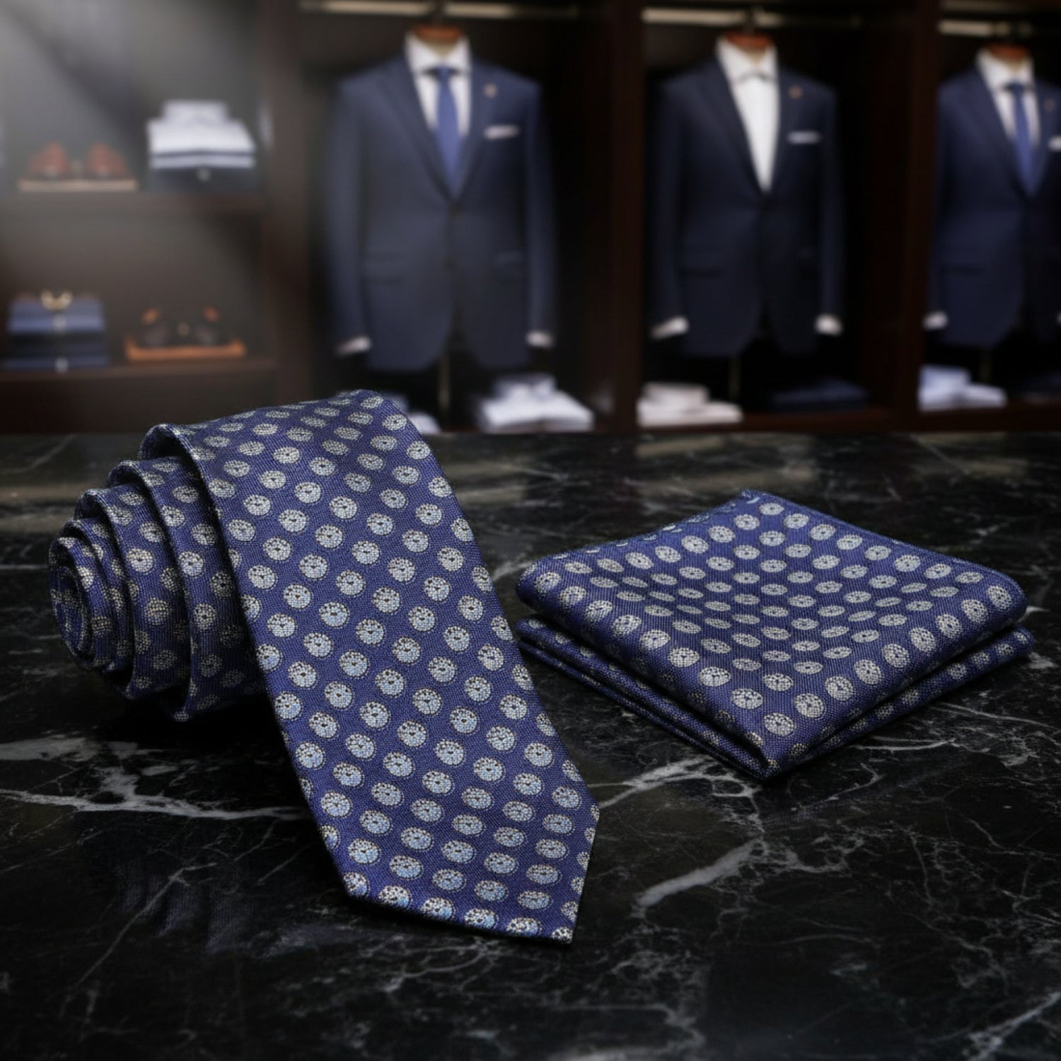 Alt View: A Purple/Dark Blue, Light Blue Geometric Circles Pattern Necktie, Matching Pocket Square