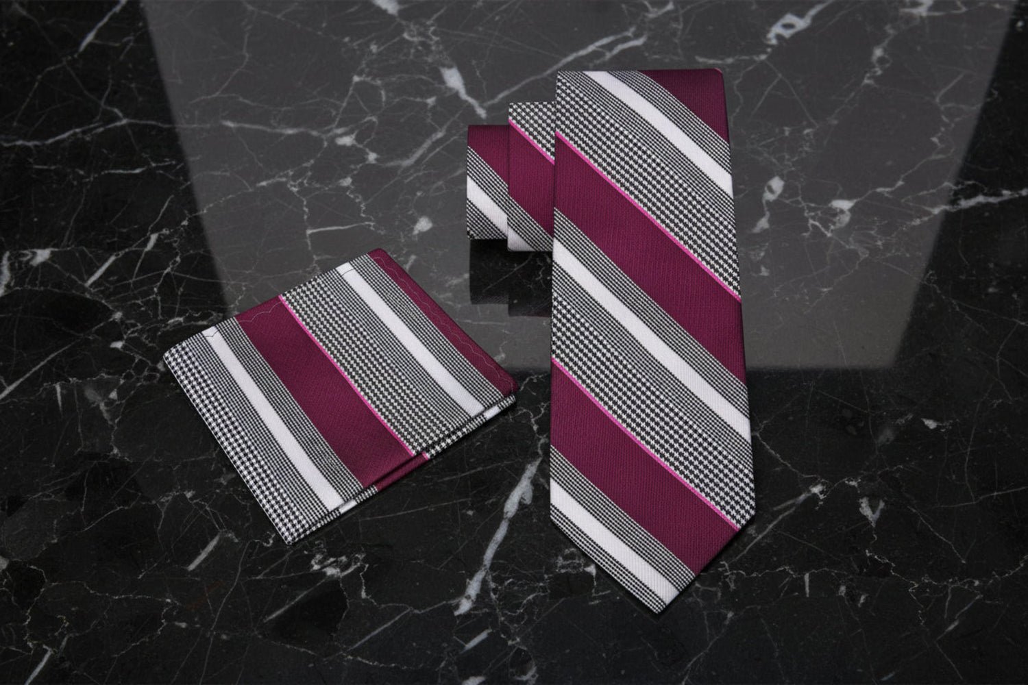 Alt View: A Plum, Grey, White Color Stripe Pattern Tie, Pocket Square