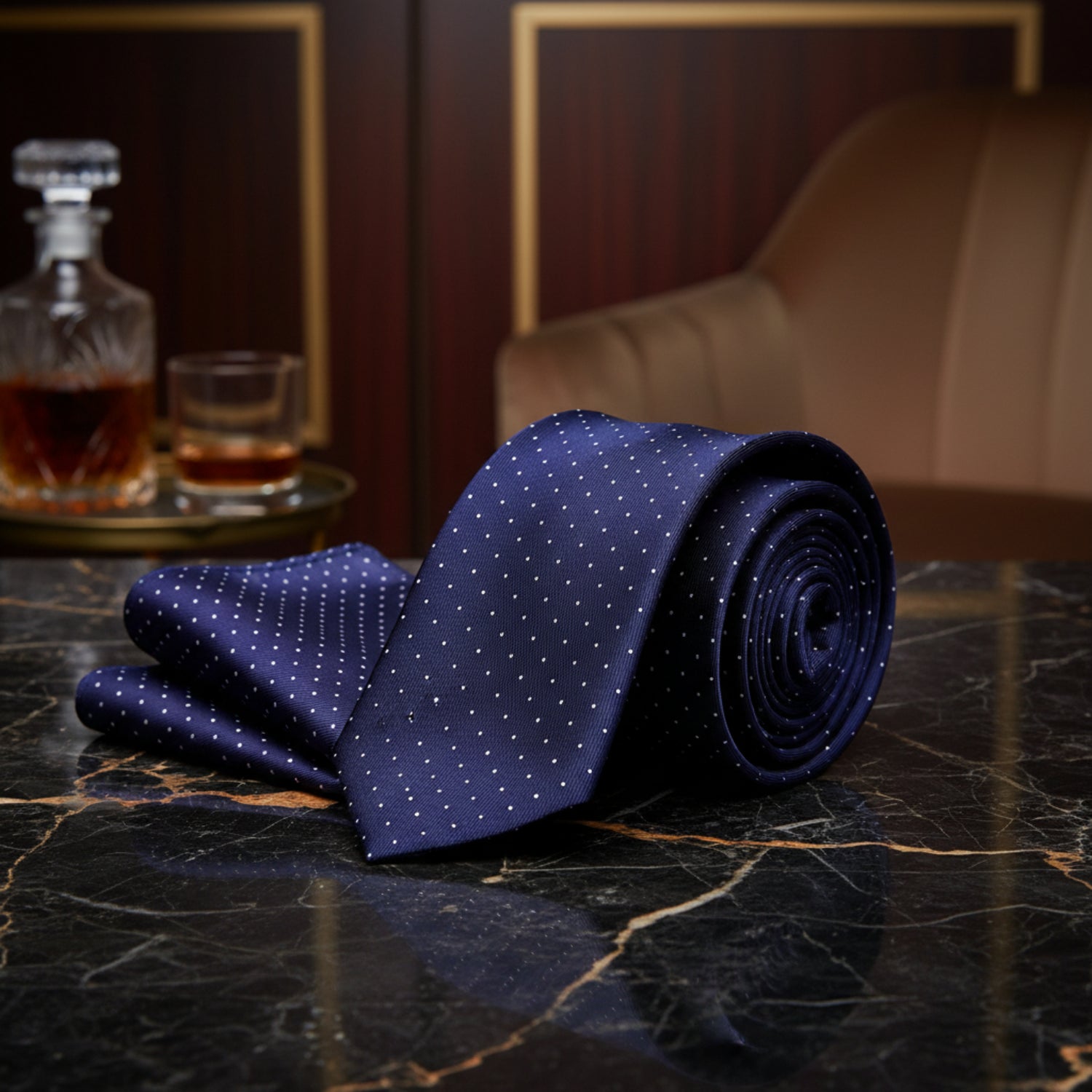 Alt View: Midnight Blue and White Polka Tie and Pocket Square