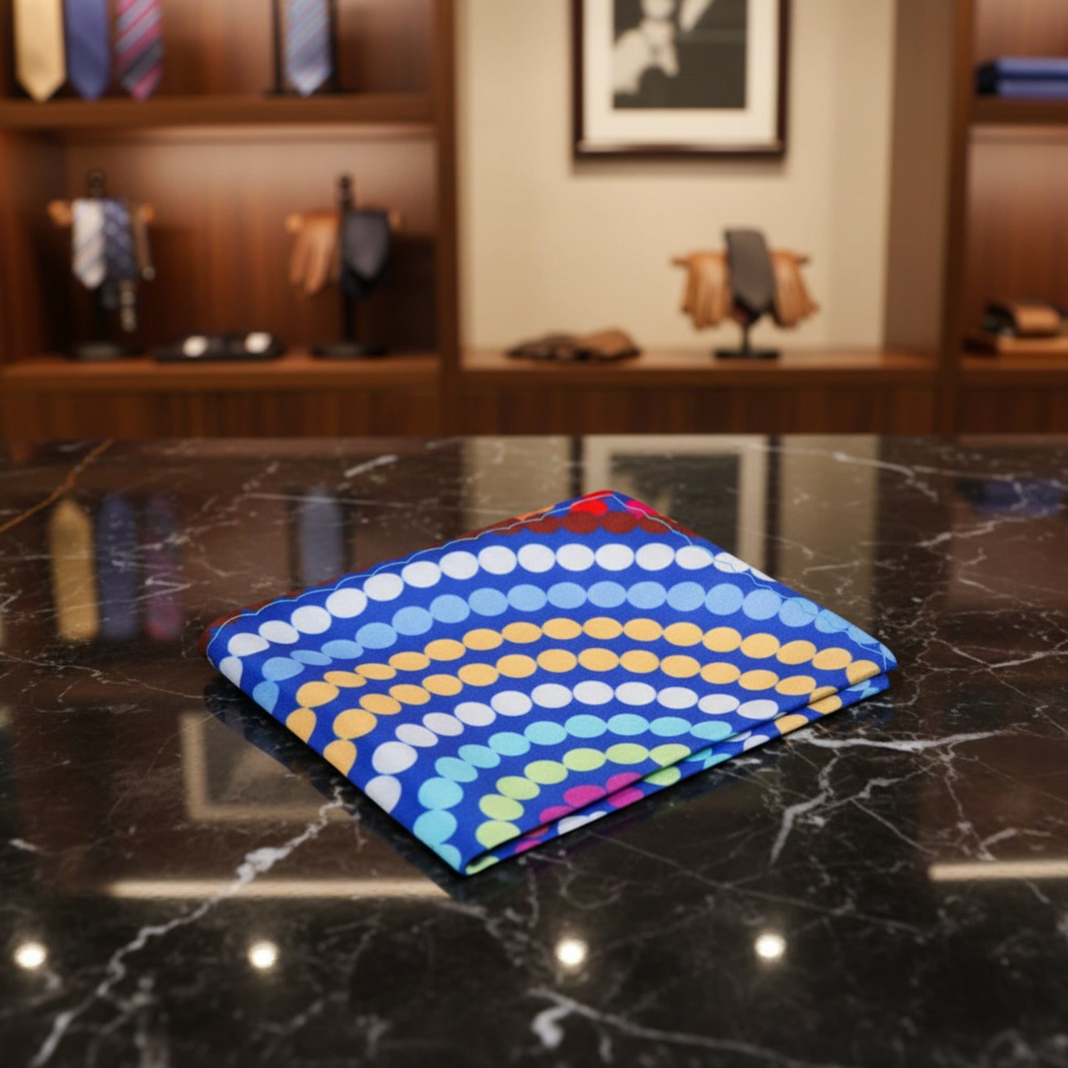 Main View: Blue, White, Yellow, Pink, Green, Red Polka Pocket Square