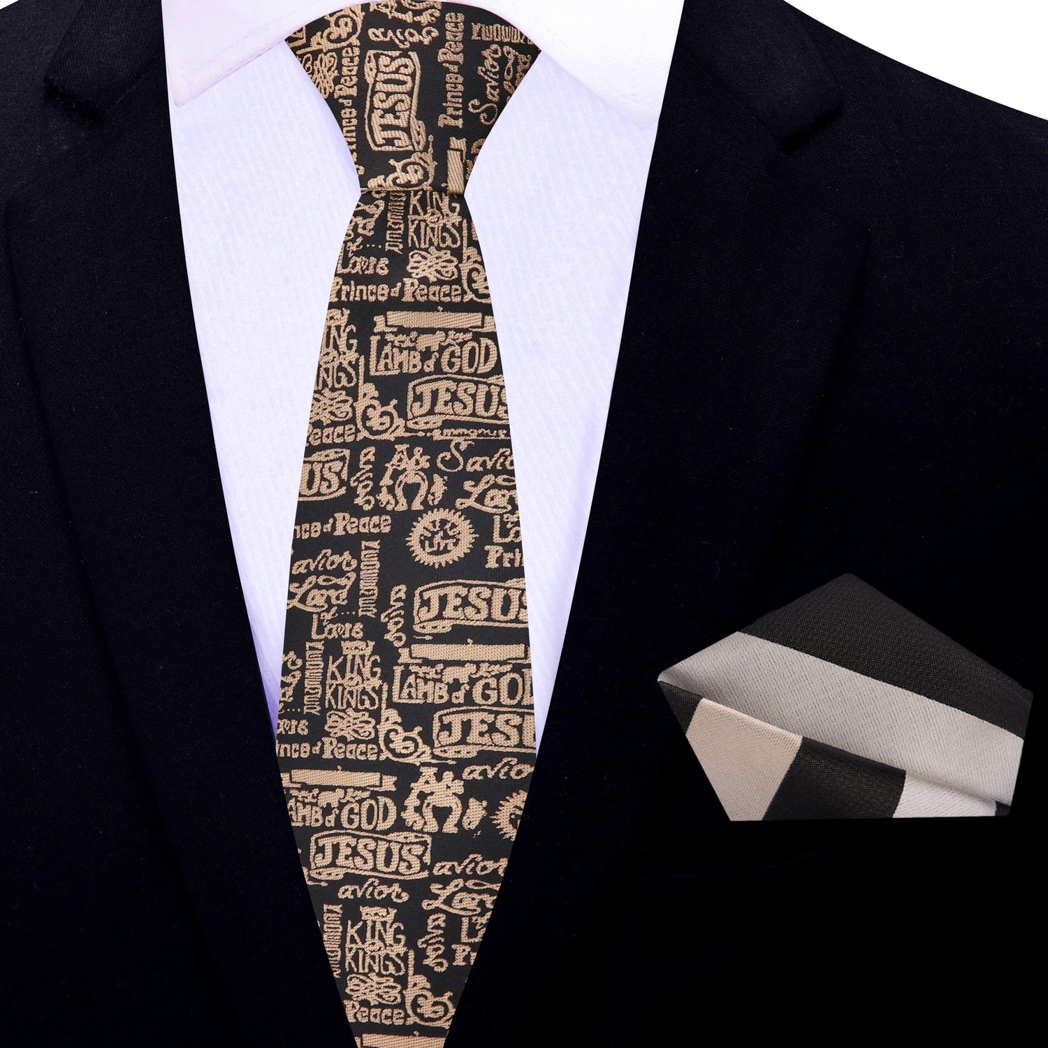 Thin Tie: Shades of Brown Jesus Themed Necktie and Brown Stripe Square