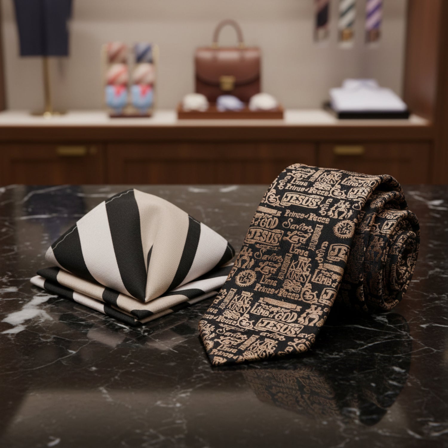 Alt View: Shades of Brown Jesus Themed Necktie and Brown Stripe Square