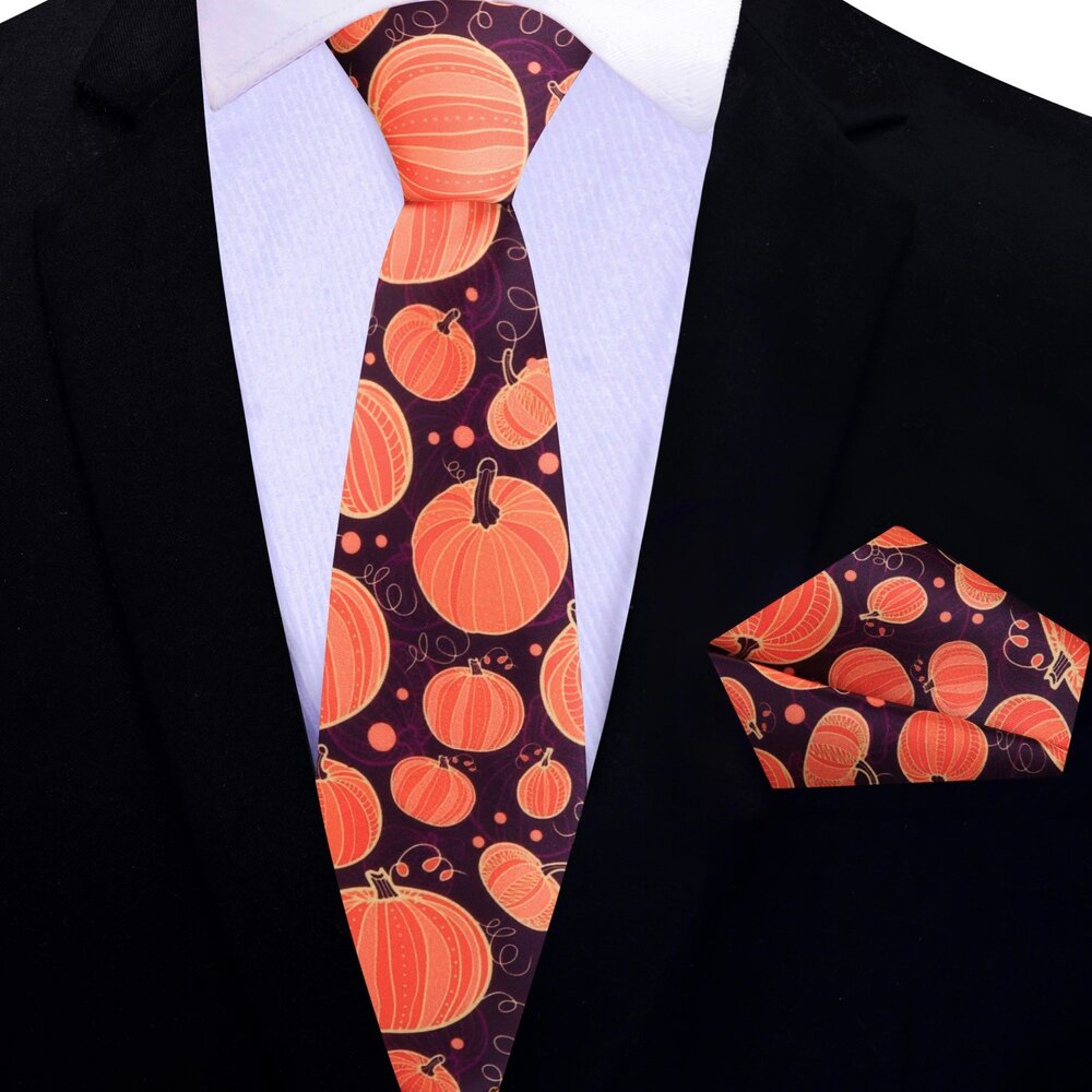 Thin Tie View: Brown, Orange, Purple Large Pumpkins Tie and Square