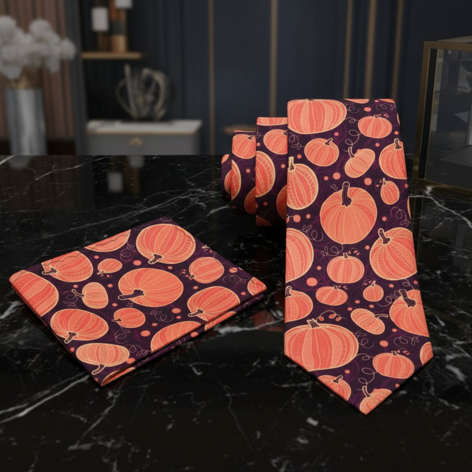 Alt View: Brown, Orange, Purple Large Pumpkins Tie and Square