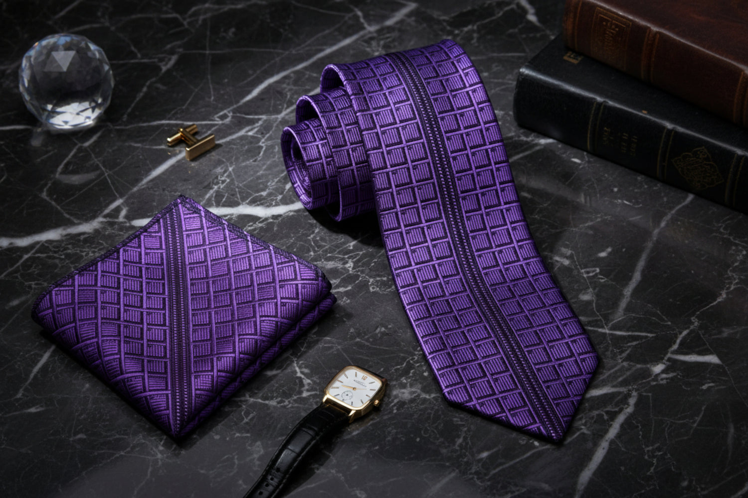 Alt View: A Purple, Black Geometric Waffle Pattern Necktie, Matching Pocket Square
