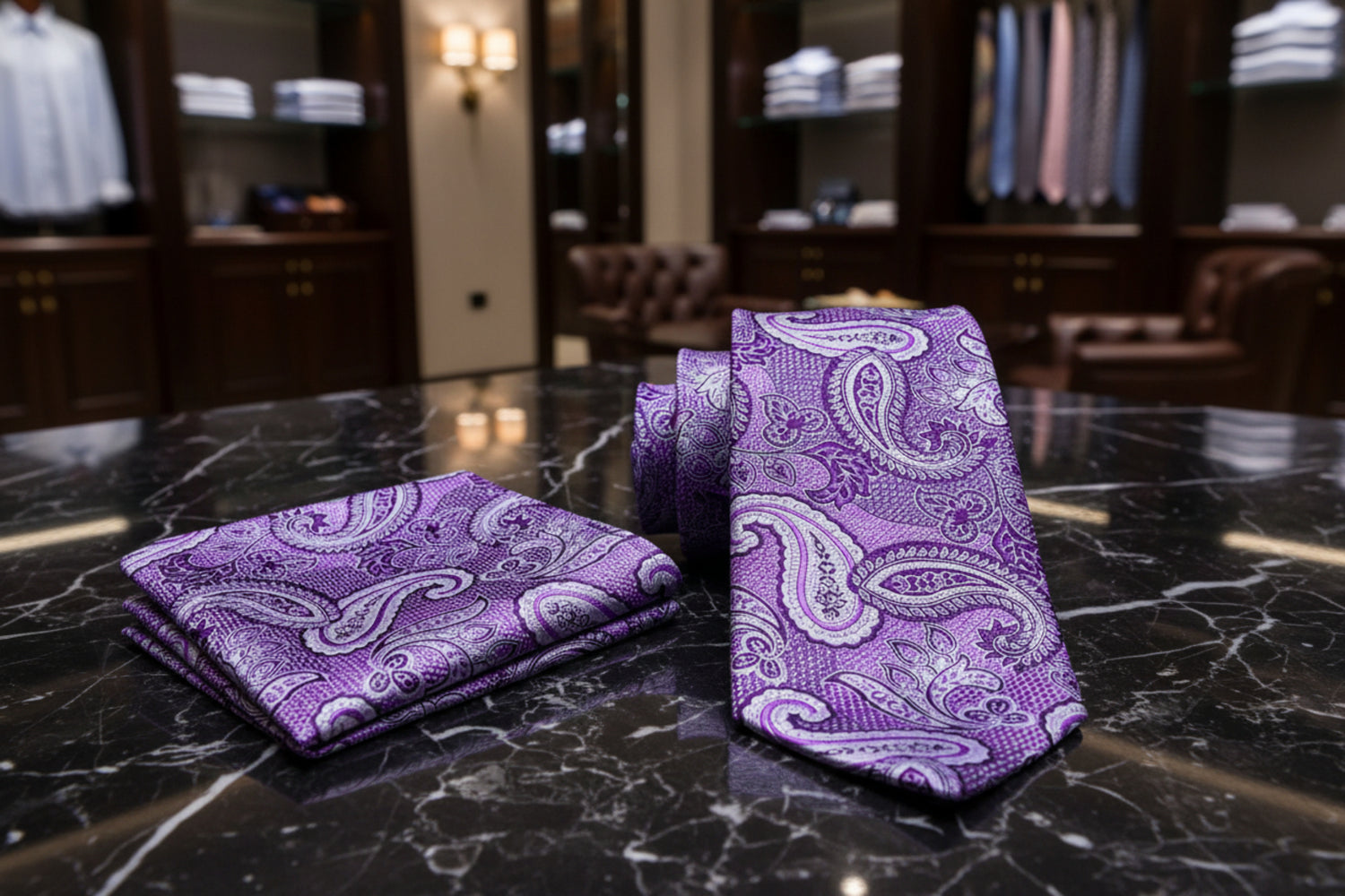 View 2: A Light Purple, Purple, Black Paisley Pattern Necktie, Matching Pocket Square